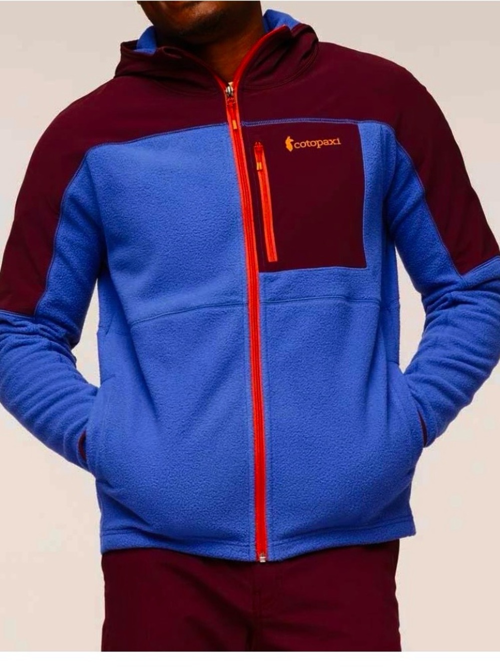 Cotopaxi Blue and Burgundy Lightweight Fleece Hoodie Jacket